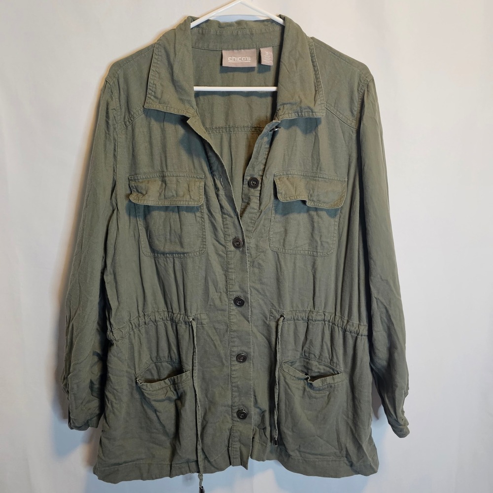 Chico's Olive Green Linen Blend Utility Jacket‎ Anorak Drawstring Size 3